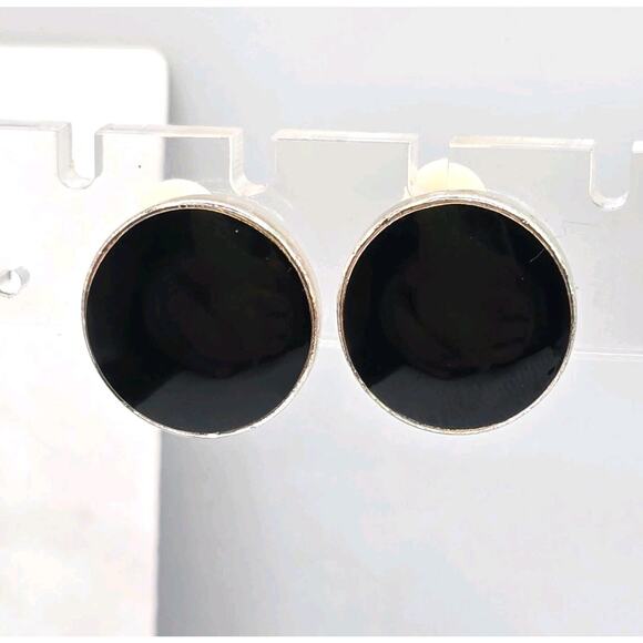Black Button Like Earrings Glossy Enamel Round Small Clip On Silver Tone Backing - Picture 1 of 10